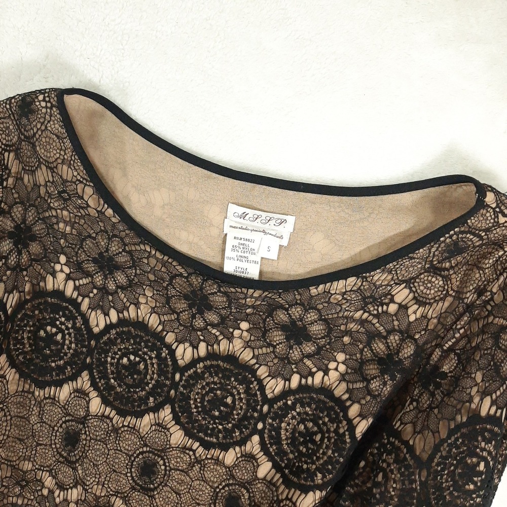 MSSP Max Studio‎ Black Lace Boho Party Event Floral Long Sleeve Beige Full Liner